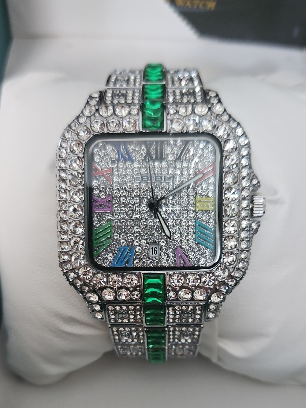 BiBi Silver Watch with Green Accents and Multicolor Markers